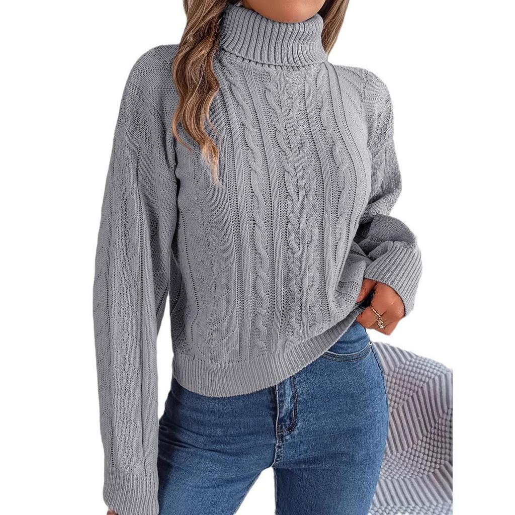 Women's 2023 Autumn/Winter Casual High Neck Cable Knit Long Sleeve Pullover Sweater