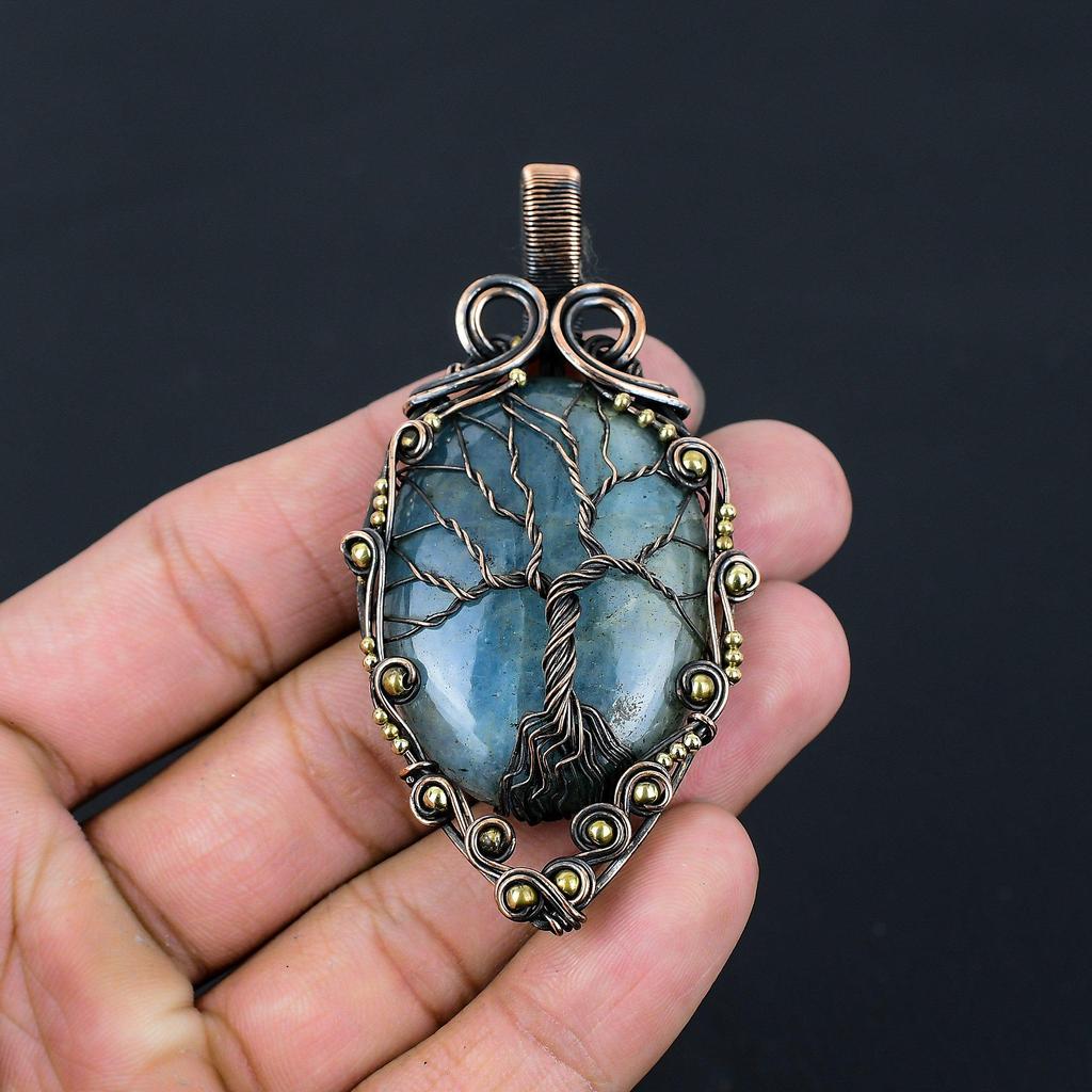 Tree Of Life Aquamarine Gemstone Pure Copper Wire Wrapped Handmade Pendant Jewelry For Her