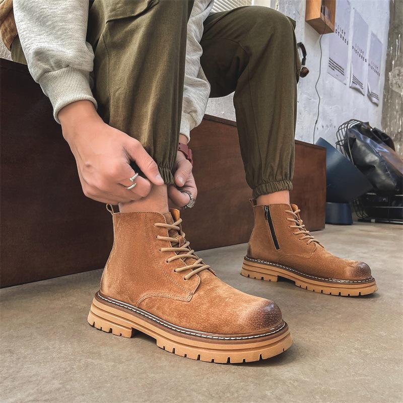 Martin Boots Men's Short Boots Autumn Side Zipper Boots Leather Rhubarb Boots Platform Shoes Outdoor Casual Desert Boots