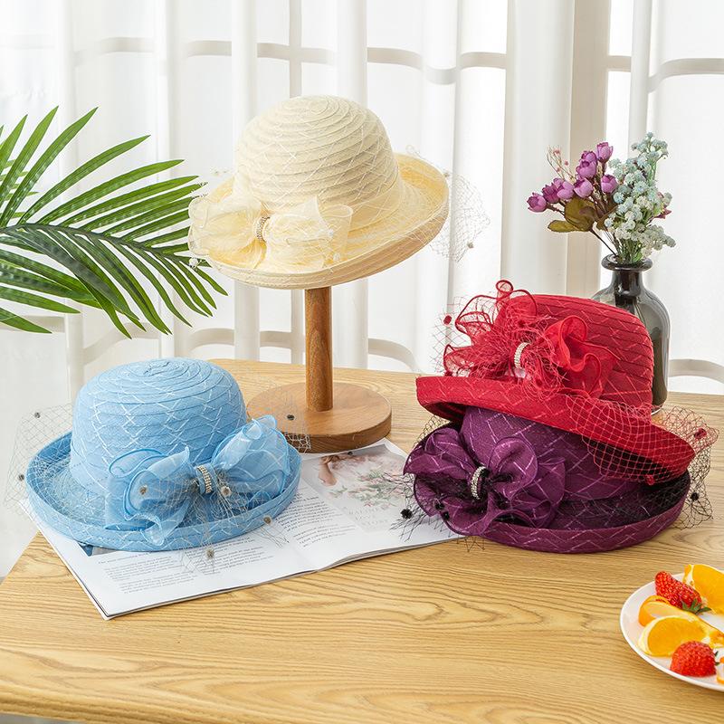 Curled Mesh Top Hat Summer Women's Fashion Hat Flower Veil Shade Basin Hat Sunscreen Sun Hat Large Brim