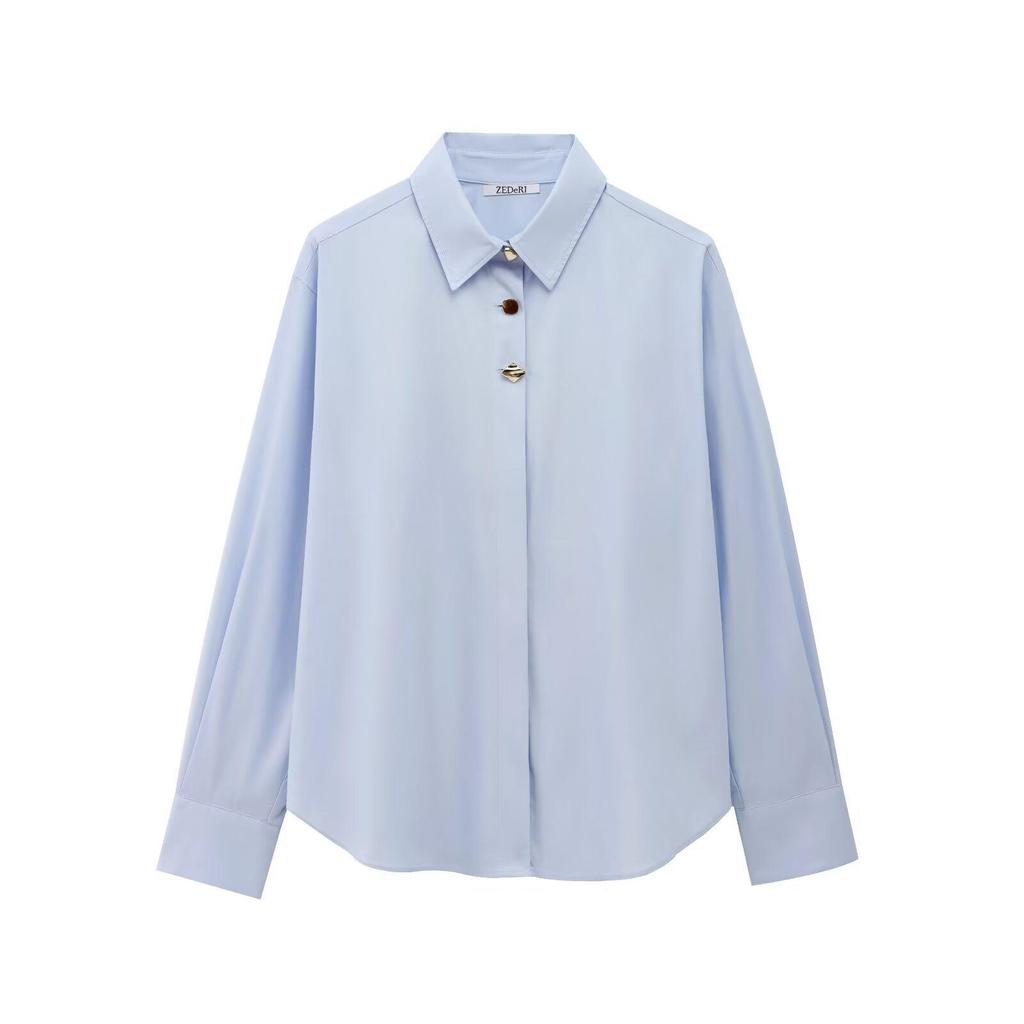 Spring/Summer 2025 European & American Gold Button Turn-Down Collar Long Sleeve Loose Shirt