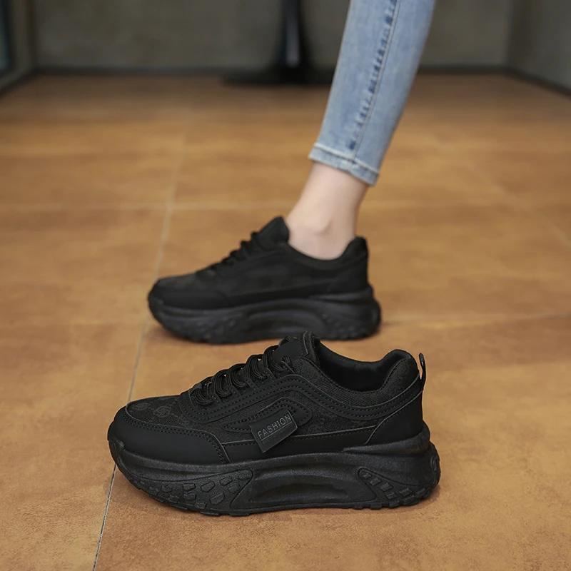 

Женские каблуки Летние кроссовки Корейская женская обувь Теннис Женская Женская обувь Платформа 2025 Модные кроссовки Розы Толстая подошва Резин 35 чёрный