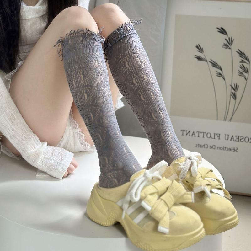 

New Bohemian Style Tassel Edge Long Socks Retro Jacquard Lace Calf Socks Women Sexy Knee High Socks Y2K Cos JK Pile-up Stockings One Size серый