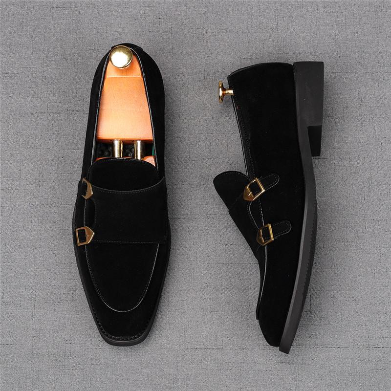Fashion Fashion New Men's Pointed Suede Leather Monk Strap Loafers Male Luxury Designer Homecoming Wedding Dress Prom Evening Shoes