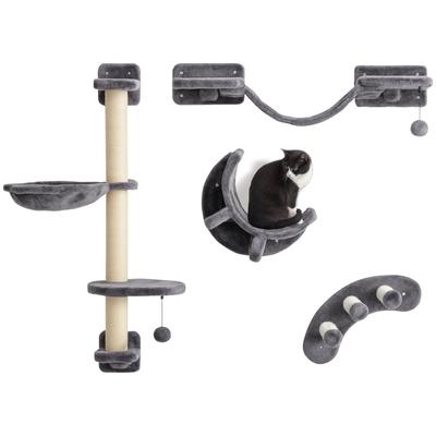 Vierteiliges Katzen-Wandmöbel, mit Hängematte, Leiter, Plattformen, Tritten, für den Innenbereich - Dunkelgrau