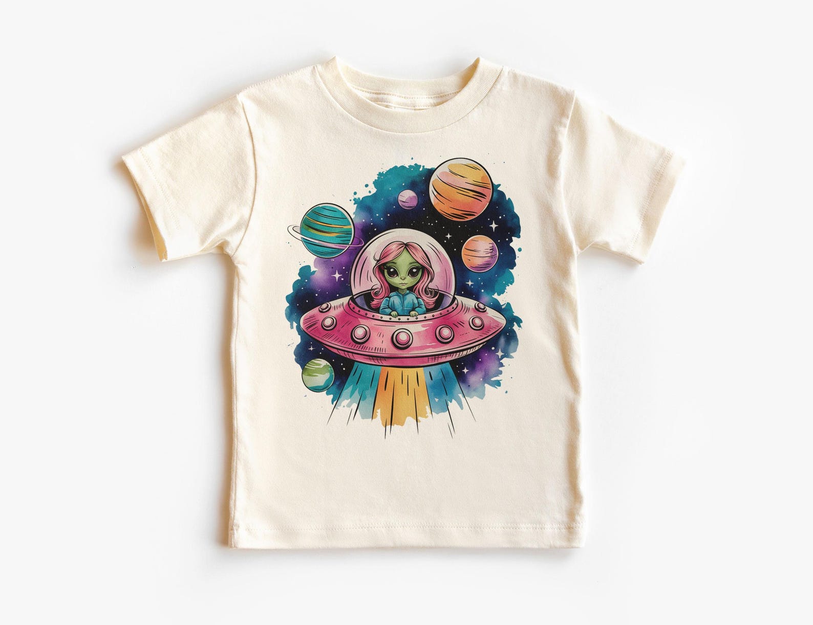 Girls Alien UFO Space Unisex Shirt - Retro Cute Colorful Planets Cosmic Outer Space Tee - Natural Boho Unisex, Youth & Adult Tee 120