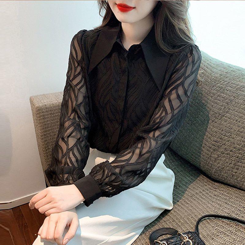 Polo Neck Black Chiffon Shirt Women's Design Niche Retro French Long-sleeved Top
