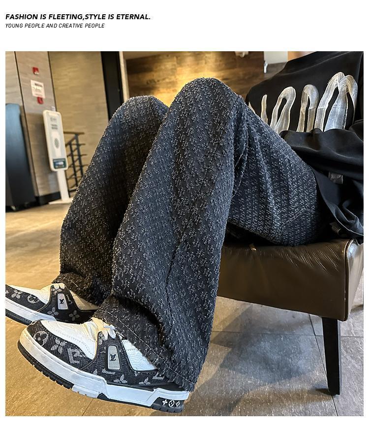 Men's Fashionable Wide-Leg Hip-Hop Jeans, Jacquard Print, Personalized Distressed High-Street Style