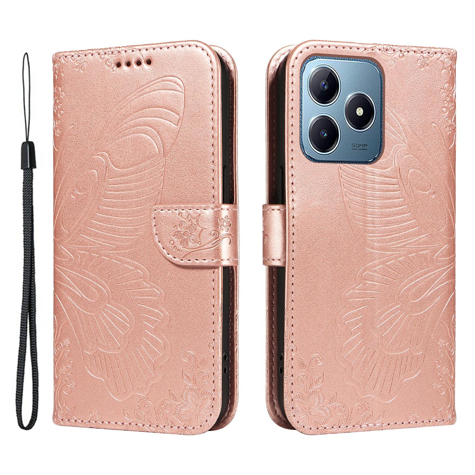 

For Realme Note 60x 4G/C63 4G/C61 4G Case Butterfly PU Leather Phone Cover Stand Card Holder Rose Gold