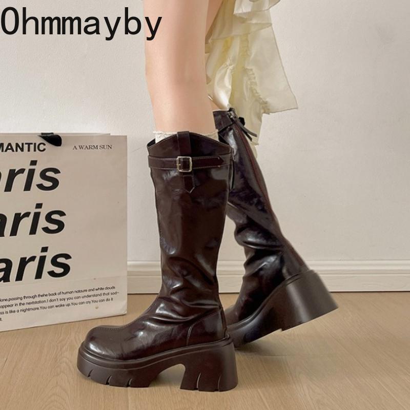 Winter Platform Thick Heel Women Knight High top Cosy Soft Leather Street Mordern Long Booties De Mujes