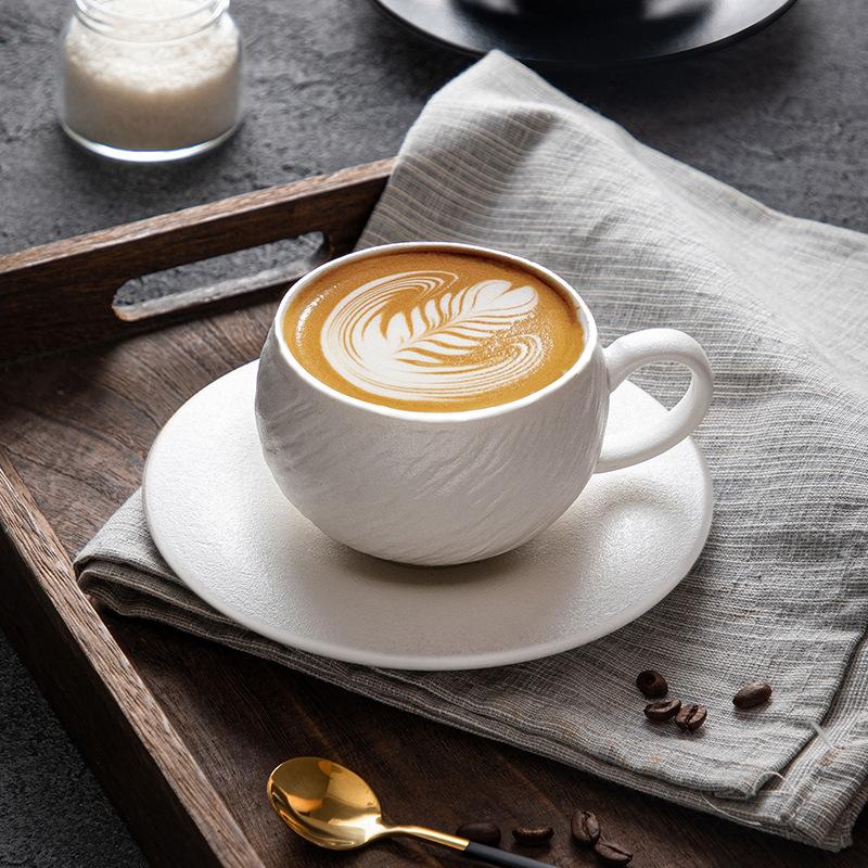 European Black  White Ceramic Coffee Cup Saucer Matte Stone Grain Breakfast Milk Mug Exquisite Afternoon Camellia Flower Tea Cup
