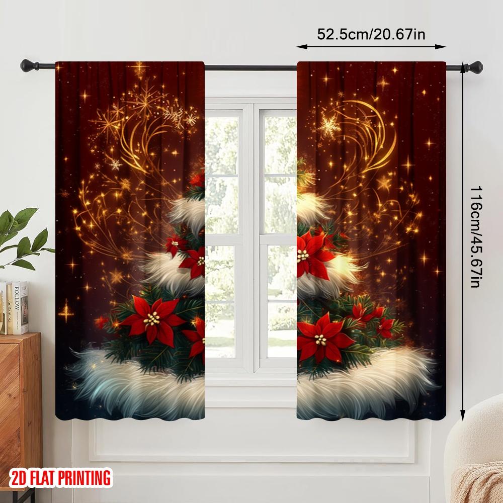 2pcs,2D Plane Printing Light Filtering Curtains Christmas Tree Poinsettia Ornaments_a Versatile Durable Polyester (without Rod)