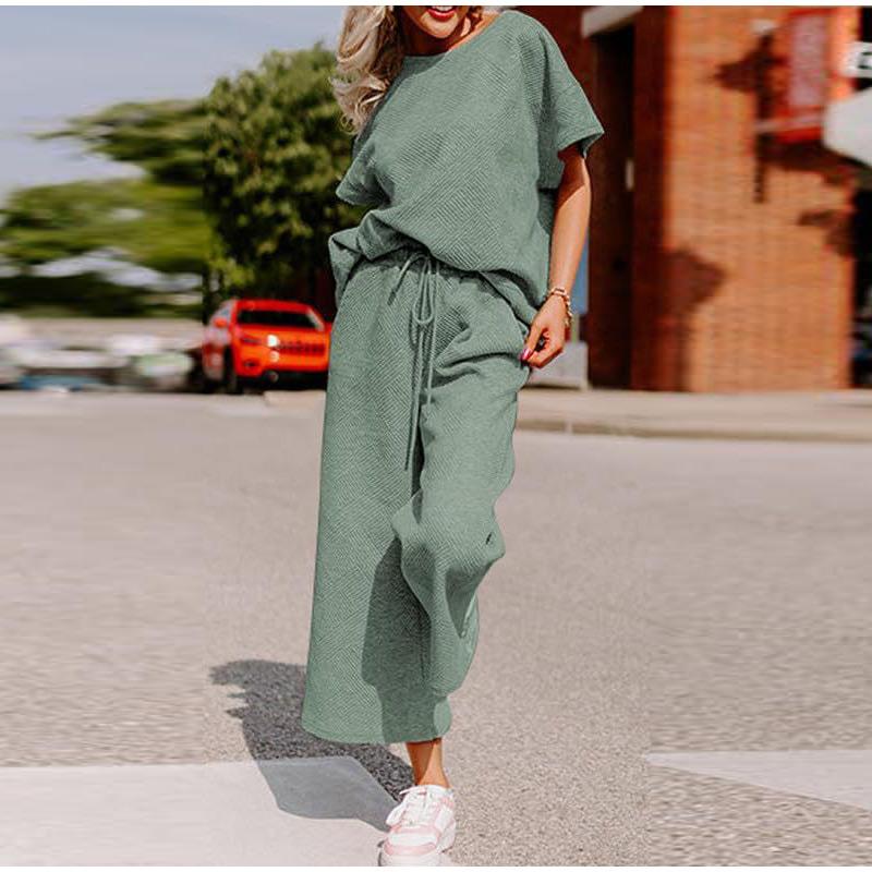 Sets for Women Summer Lounge Sets O-Neck Tops Wide Leg Crop Pants Vacation Travel Outfits