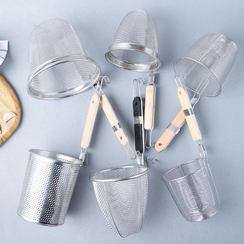 Stainless Steel Funnel Wooden Handle Strainer Kitchen Gadgets Cooking Noodles Accessories Hot Vegetables Mesh Sieve Spoon