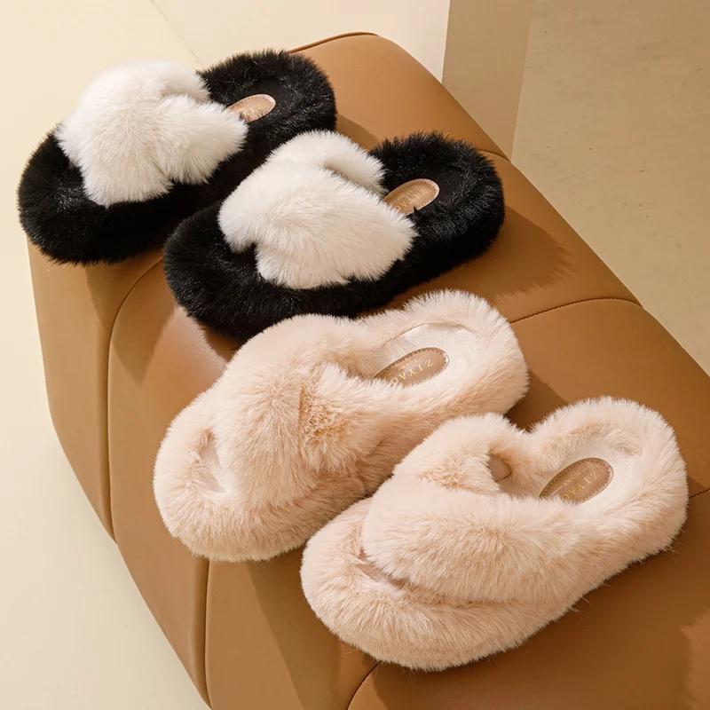 Fashion Fluffy Slippers Women Home Plush Luxury Designer Shoes Ladies Flat Home Autumn Winter Fashion Platform Footwear Casual Open Toe