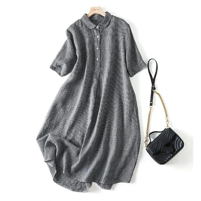 Plaid Dress Women Vintage Half Sleeve Hemp Shirt Dresses Large Size Loose Long Skirt