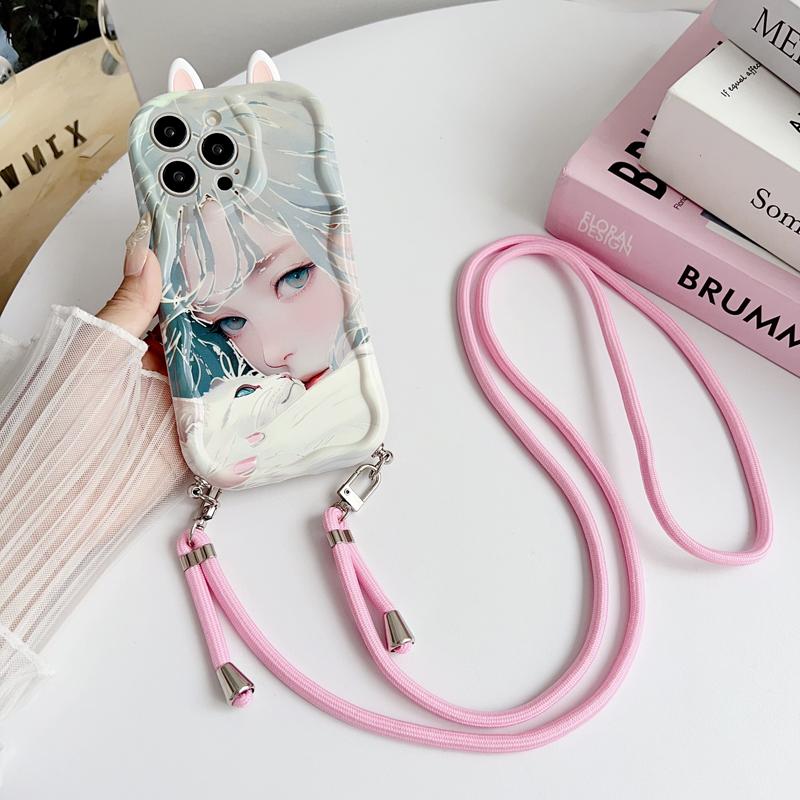 

For VIVO V21E V25 E V30E V29 V40 SE Lite Vivo X100 S Ultra X200 Pro MINI Crossbody Strap Cartoon Cat Girl Phone Case Ears Cute vivo X100Ultra