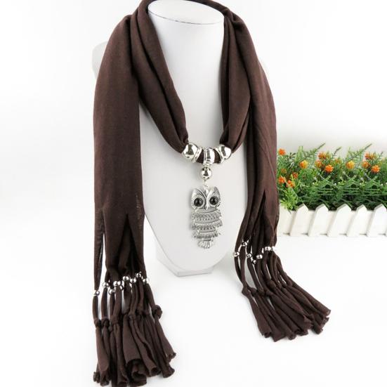 Langer Fransen-Schal für Damen, einfarbig, Retro-Eulen-Anhänger-Halskette, Schal, Kostüm-Accessoires