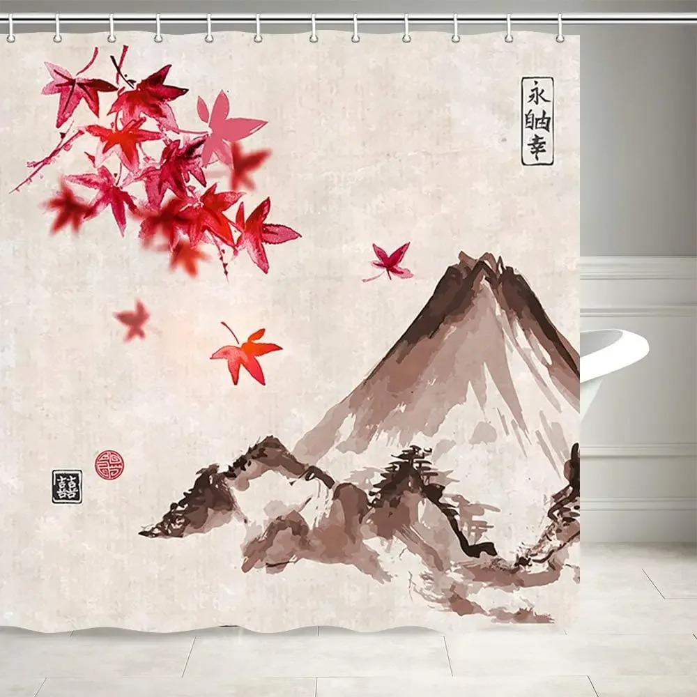 

Японская гора Фудзи Красный клен и горы Фудзияма Закат Традиционная Азия Тушь Живопись Для ванной комнаты Аниме Занавеска для душа 90x180 cm
