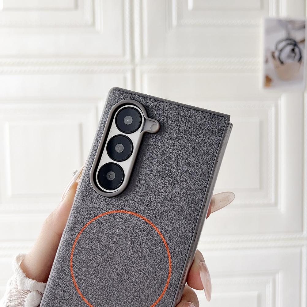Pebbled Plain Leather Red Thin Circle Magnetic Case For Samsung Z Fold 7 fold7 Fold 6 Galaxy Z Fold 6 5 Camera protect Cover