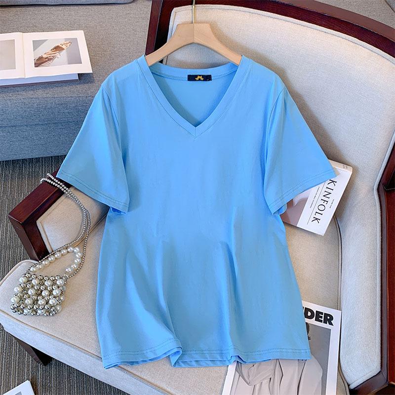 Women's Plus Size T-Shirt Summer Cotton Short Sleeve Loose V-Neck Top