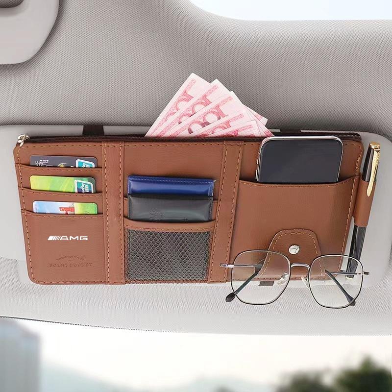 Car Sun Visor Point Storage Pocket Pouch Bag Card Glasses Storage For Mercedes Benz AMG class W205 W203 GLC GLK W206 W220 A180 AT5