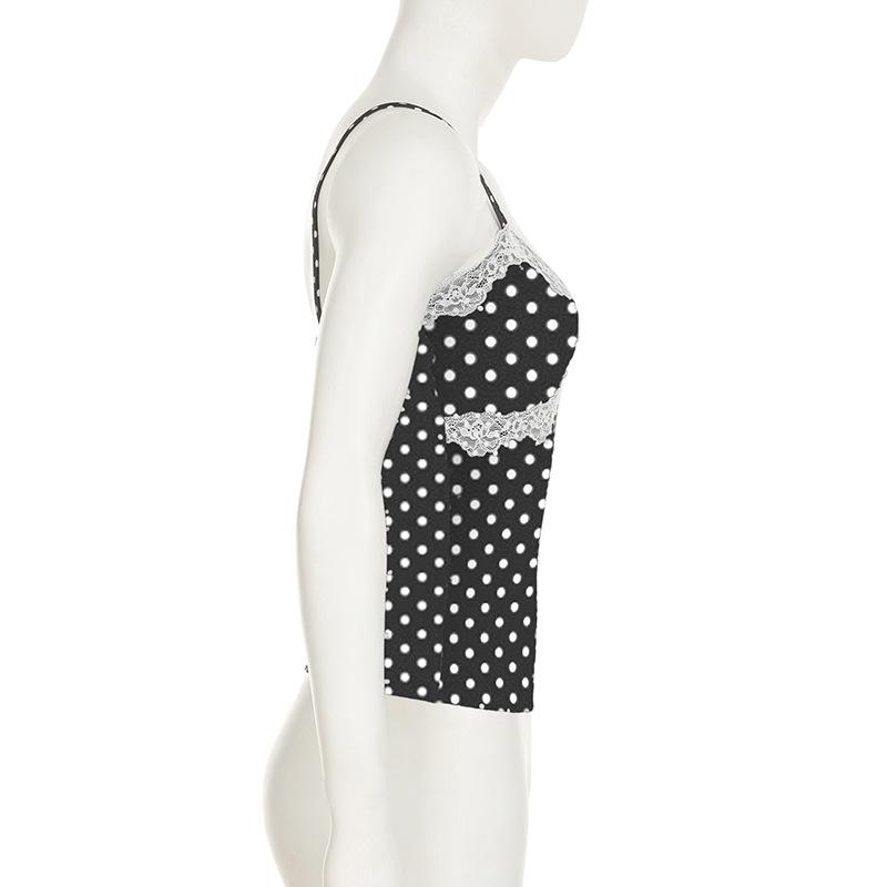 Women's Lace Patchwork Bow Polka Dot Halter Spice Girl Color Contrast Sexy V Neck Waist Vest Top