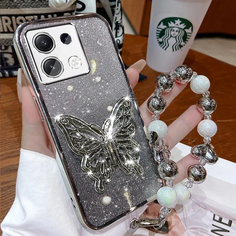 3D Butterfly Phone Holder Bead bracelet Glitter Plating Case for Xiaomi Redmi Note 13 Pro Plus 4G 5G Back Cover