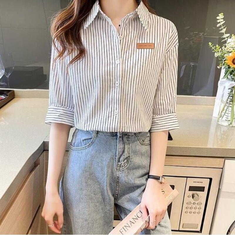 Fashionable Summer New Blouses Women's Patchwork Epaulet Button All-match Casual Loose Polo-Neck Half Sleeve Striped Shirts Tops