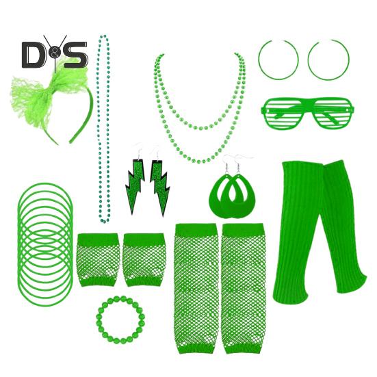 80s Neon Costume Accessories Set Knitted Leg Warmers Headband Gloves Earrings Bracelet Beaded Necklace Set Fancy Party Accessories