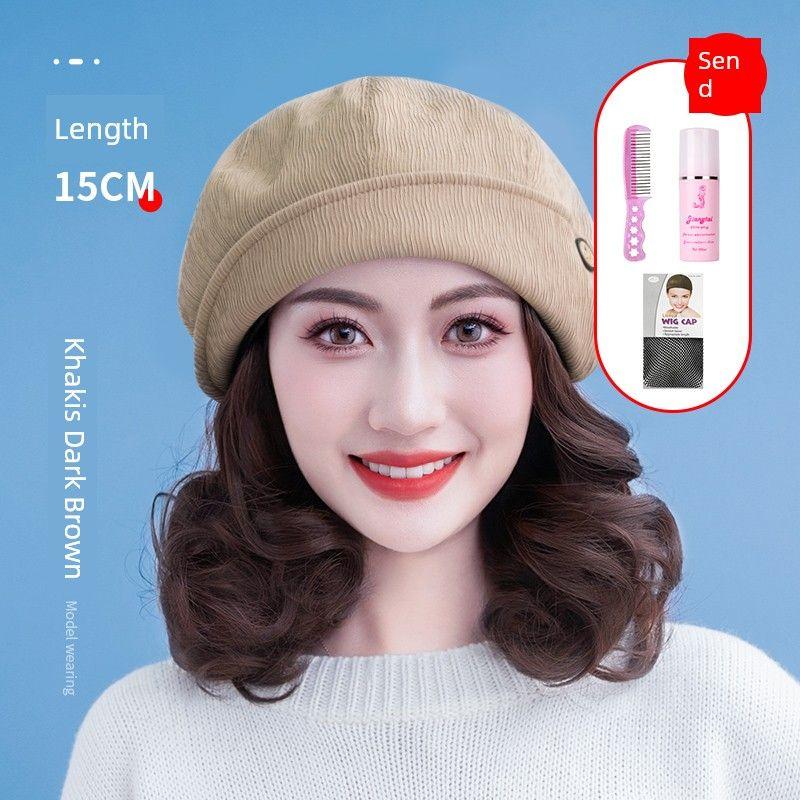 

Hat Wig Integrated Spring and Autumn Beret Wig Hat for Women 2025 New Arrival Fashion Short Curly Hair Detachable Buckle Beret Khakis-Small Short Roll-Dark Brown