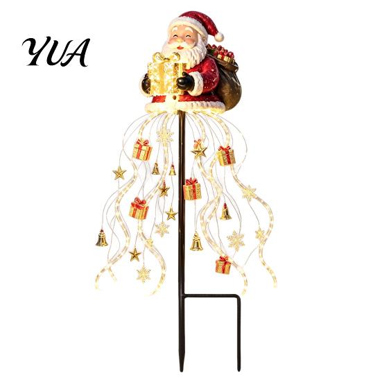 Decorative Solar Pathway Lighting Santa Claus Christmas Garden Light, LED Holding Gift Box Yard Stake Porch Holiday with Cascading String Lights