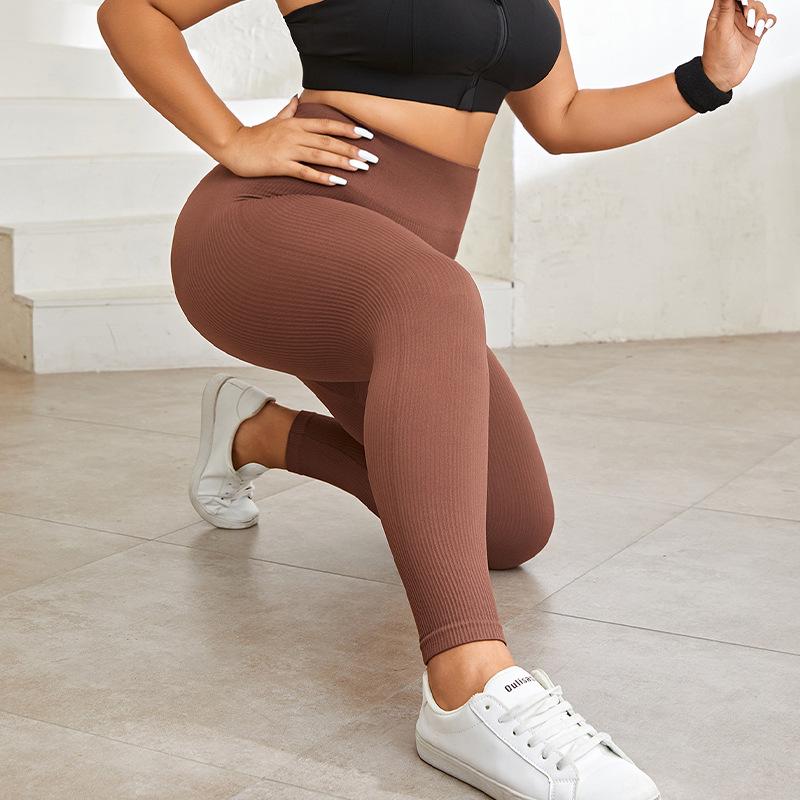Plus Size High Waist Yoga Pants - Ribbed, Seamless, Hip-Lifting, 9-Point Sports Fitness Tights