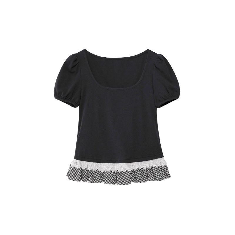 Interpret Beauty Summer 2025 Sweet Lace Trim Slimming Square Neck Short Sleeve T-Shirt S5012