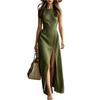 Ärmelloses eng anliegendes Maxikleid mit Taillenzug und Schlitz vorne Langes Baumwoll-Leinen-Mischkleid für Damen Sommer Freizeit