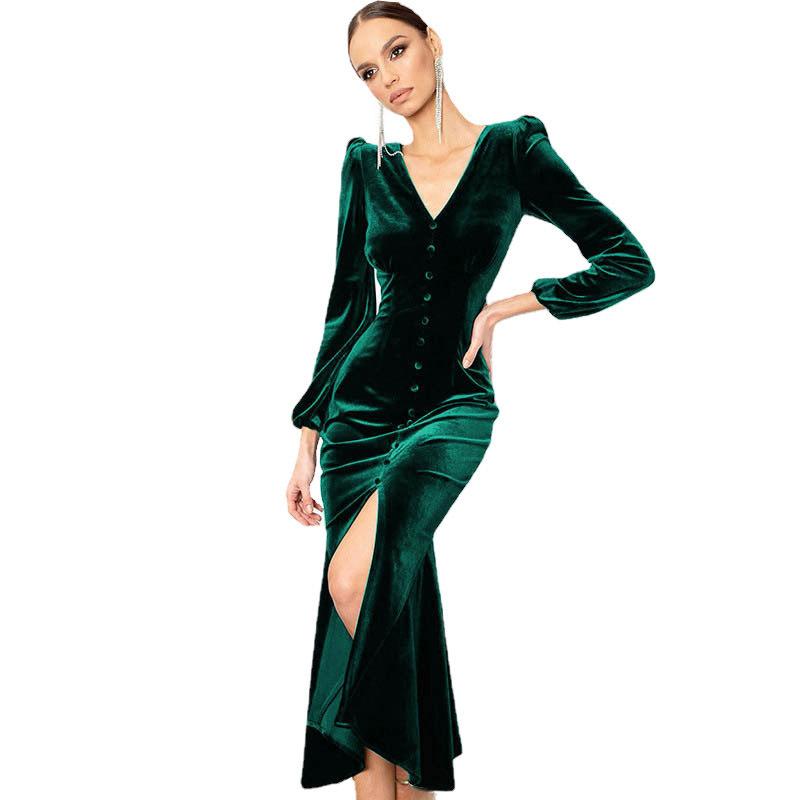 Knitted V-neck Padded Shoulder Long Sleeved Dress Women's Intellectual Temperament Dress Long Skirt