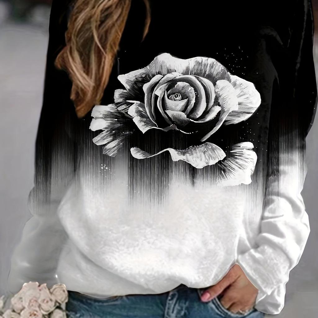 Plus Size Women's Autumn and Winter Clothing for Women, Floral Print Pullover Sweatshirts, Casual Long Sleeve Crew Neck Sweatshirts
