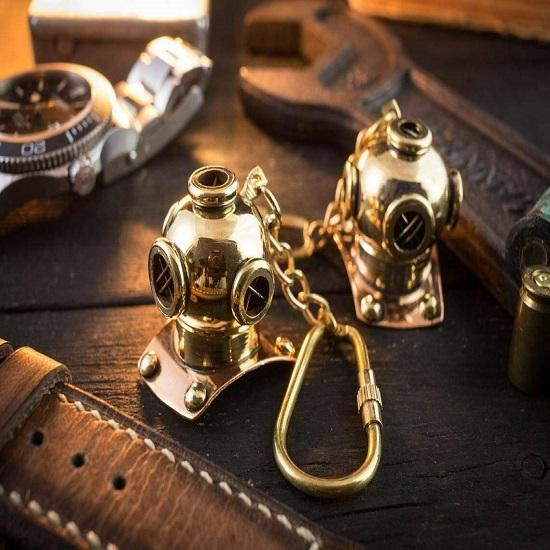Mini Brass Diving Helmet Keychain 2 Sets