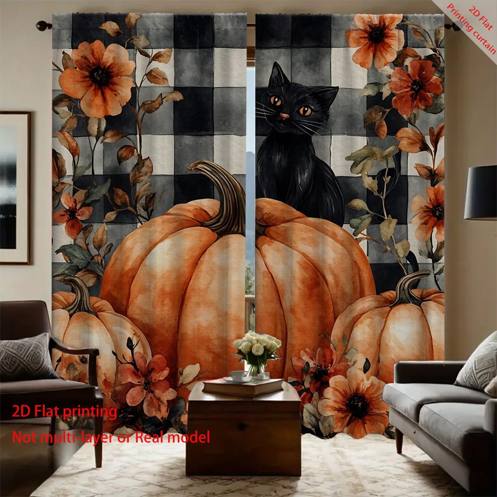 2 Stück schwarz-weiß karierter Hintergrund Halloween Kürbis schwarze Katze digital bedruckte Vorhänge mit Landschaftshintergrund und Stange