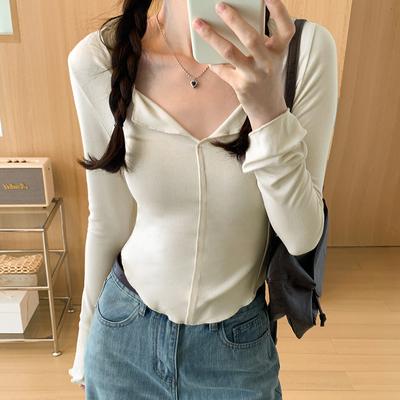 Hot Girl's Tight-fitting Fungus V-neck Long-sleeved T-shirt for Women In Autumn New Slimming Bottoming Shirt Soft and Waxy Inner Top