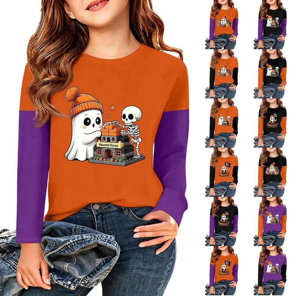 Children's Halloween Printed Long Sleeve Round Neck Casual Base Layer Shirt for Boys and Girls