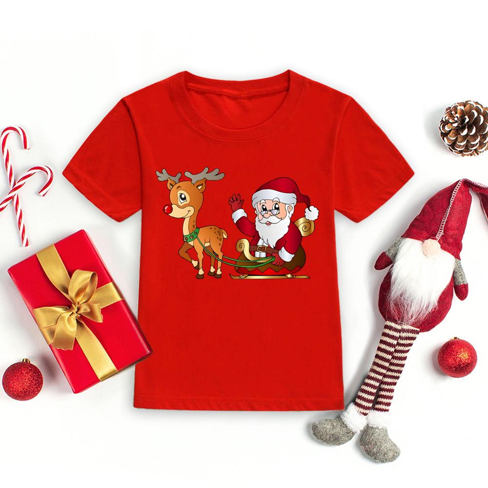 

Cute Santa Claus & Deer Printed Children Clothing Holiday Xmas Short Sleeve Tee Toddler Round Neck Tops Christmas Outfits 150