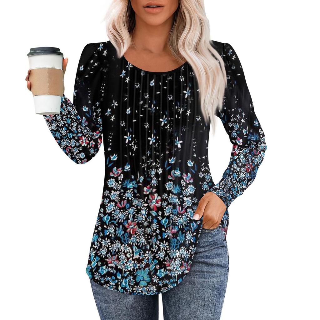 Long Sleeve Shirts For Women Tops Dressy Casual Blouses Pleated Scooped Neck Tunic Tops