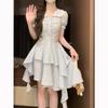 Blue plaid doll collar dress women's summer small retro college style design irregular short skirt