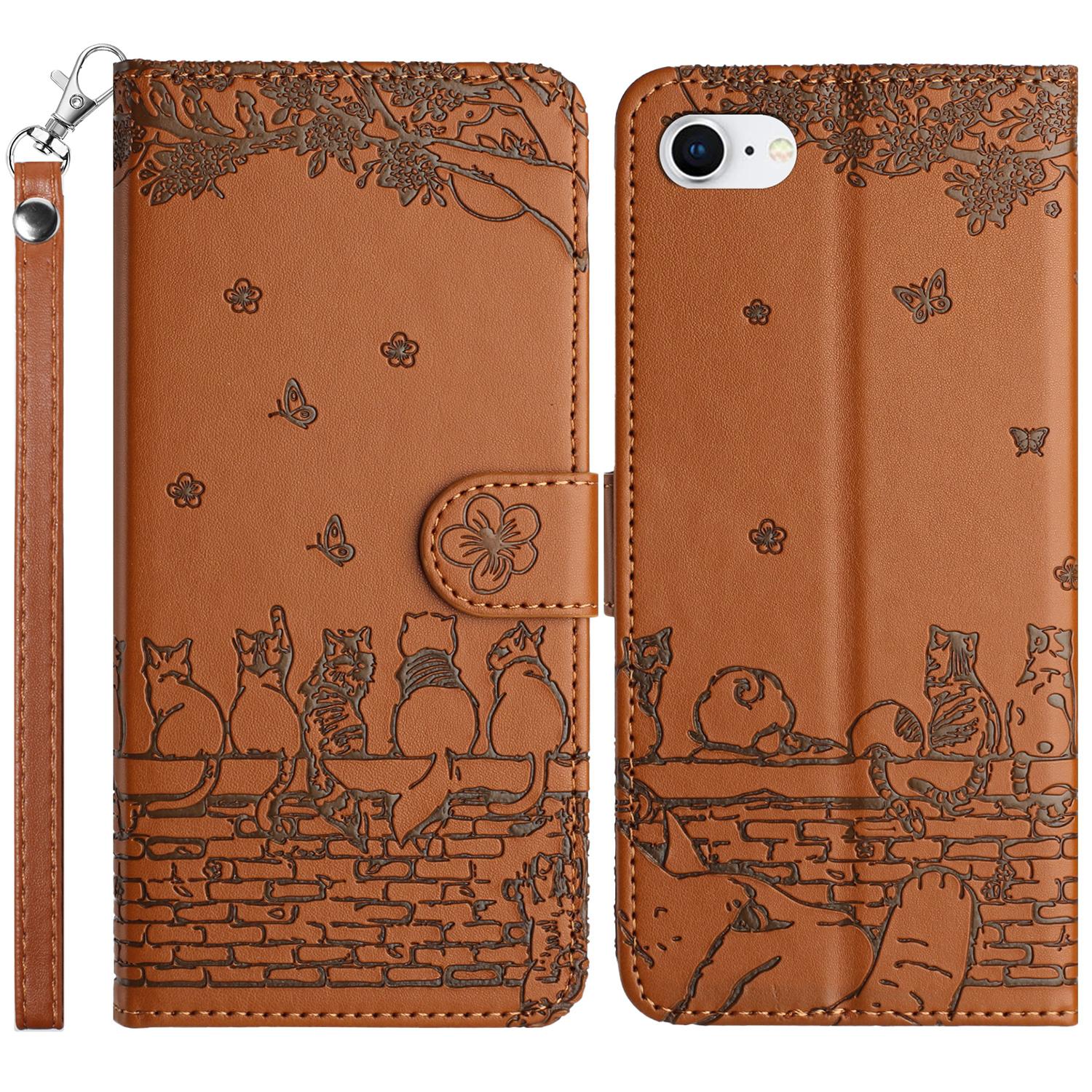 

Для iPhone 16e Чехол-кошелек из ПУ кожи с рисунком кошек на стене Brown