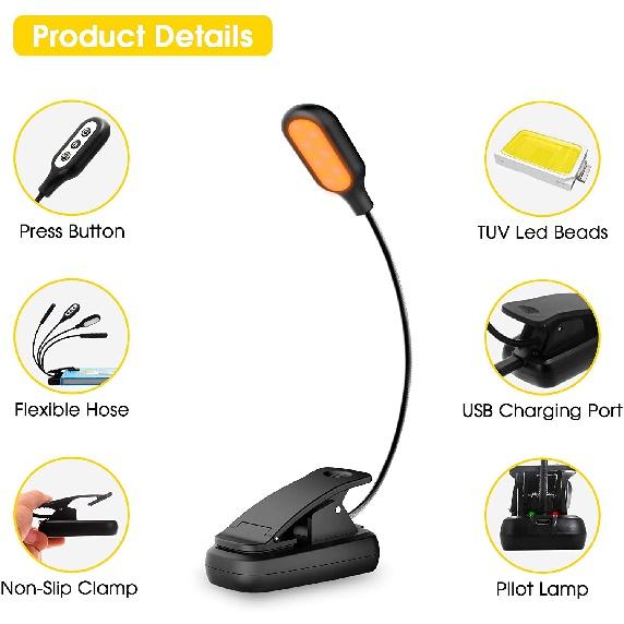 2022 New Style Portable USB Rechargeable LED Reading Light Amber Color Brightness Adjustable Clip-On Book Lights