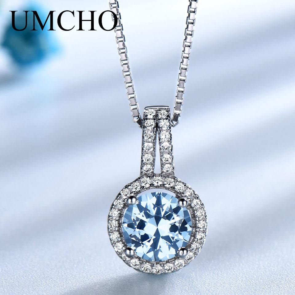 Umcho Blue Topaz Gemstone Pendants Necklaces For Women Pendant Brand Fine Wedding Jewelry Gift for Her
