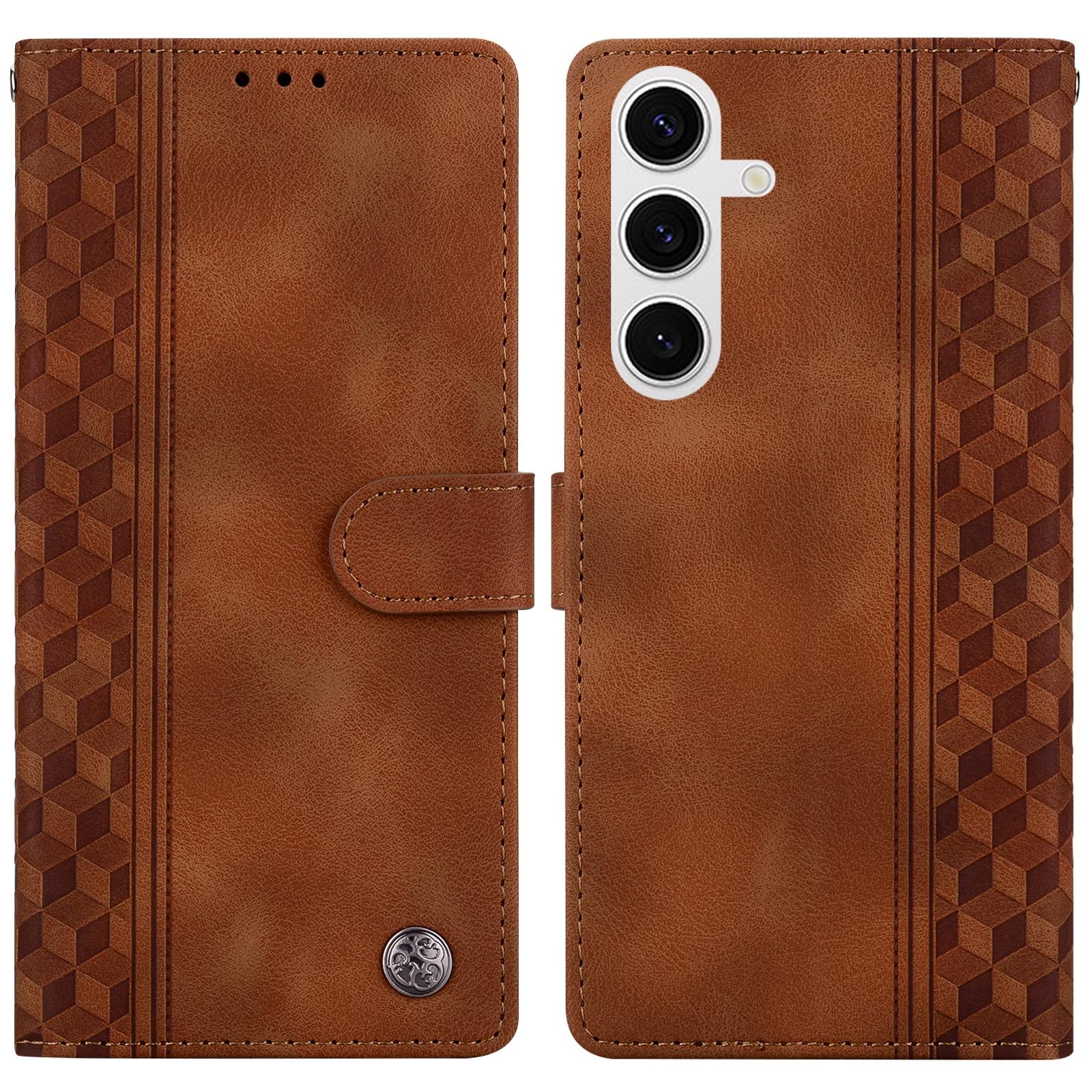 

For Samsung Galaxy S25+ Leather Case Imprinted Checkered Pattern Wallet Stand Flip Phone Cover Brown