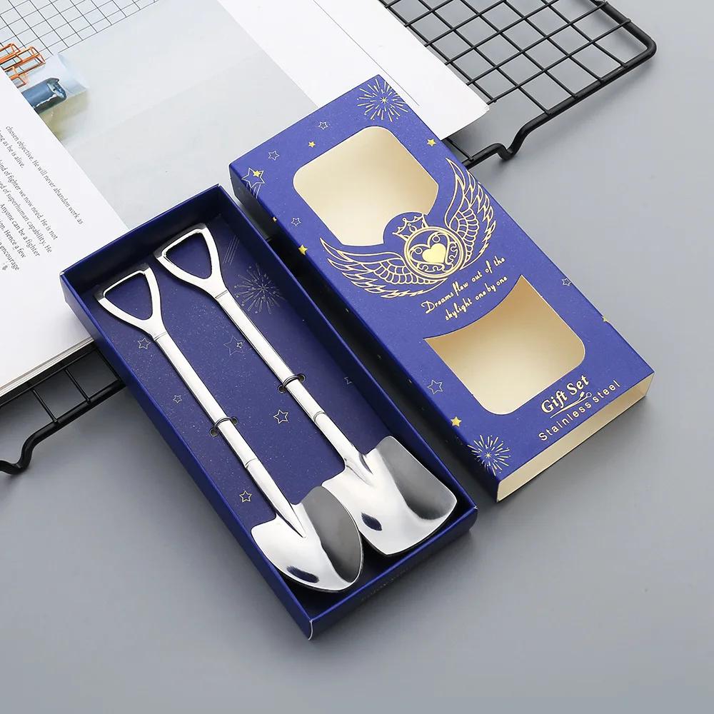 2ks/sada Nerezová žehlička Lopatka Lžíce Kávová Zmrzlina Lžíce Lžíce Strojírenství Lopatka Retro Roztomilá hranatá hlava Lžíce Kuchyňská pomůcka