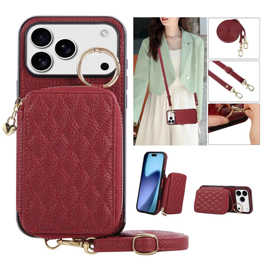 Leather Crossbody Lanyard Phone Case for IPhone 17 Air 16 15 14 13 12 11 Pro Max XS XR 8 7 Plus with Card Holder Zipper Wallet